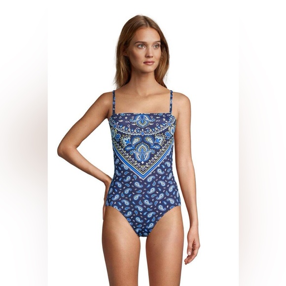 Lands' End Blue Paisley Women's One Piece Swimsuit